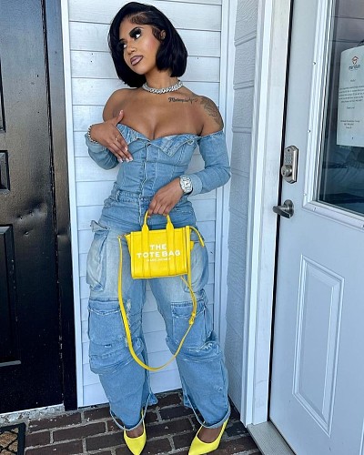 Strapless One-shoulder Buttons Pockets Denim Long-sleeved Jumpsuit Straight-leg Pants LSD-2531