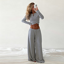 Casual Solid Color Ribbed Top and Drawstring Trousers Tracksuit MRA-43636