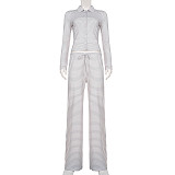 Casual Sriped Collared Button-down Lng-sleeved Cardigan With Drawstring Trousers Two-piece Set MRA-22223