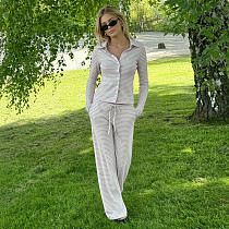 Casual Sriped Collared Button-down Lng-sleeved Cardigan With Drawstring Trousers Two-piece Set MRA-22223
