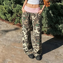 Casual Camouflage Waistband Color-blocked Loose-fitting Straight-leg Trousers MRA-46045