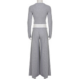 Casual Solid Color Ribbed Top and Drawstring Trousers Tracksuit MRA-43636