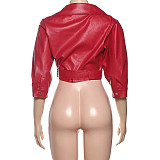 Stylish Solid Color Lapel Low-cut Belted Cropped Jacket ZJQD-84803