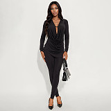 Autumn/Winter Fold-down Collar Long-sleeved U-shaped Long Top and Cropped Pants Set XYWL-25ST425