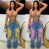Cut Ripped Loose Stretch Denim Patchwork Pants RS-2568