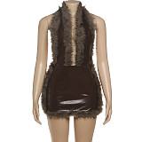 Sexy Leather Paneled Sleeveless Halterneck Dress ZJQD-80157