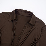 Autumn/Winter Fold-down Collar Long-sleeved U-shaped Long Top and Cropped Pants Set XYWL-25ST425