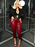 Plush V-neck Button Cardigan Short Cinched Waist Leather Jacket For Women CH-25063