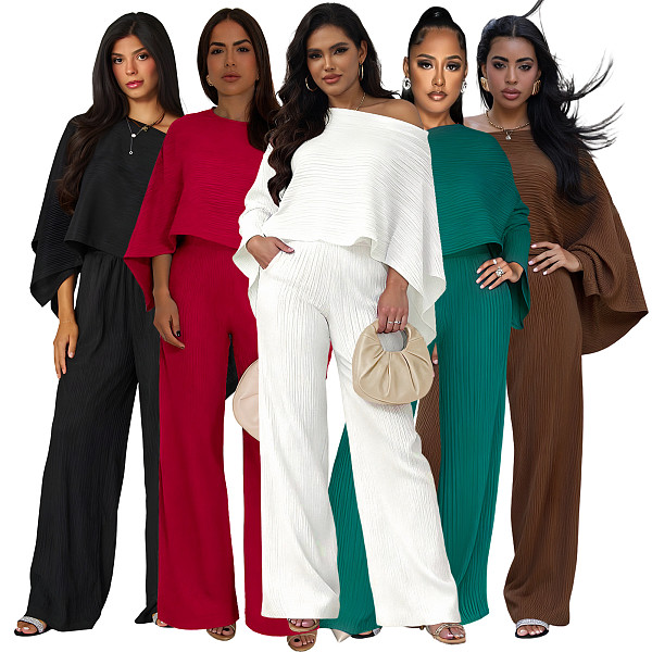 Fashionable Stretch Pleated Batwing Sleeve One-piece Pocket Wide-leg Pants Suit ASL-6812