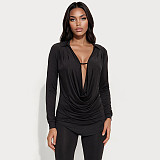 Autumn/Winter Fold-down Collar Long-sleeved U-shaped Long Top and Cropped Pants Set XYWL-25ST425