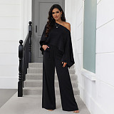 Fashionable Stretch Pleated Batwing Sleeve One-piece Pocket Wide-leg Pants Suit ASL-6812