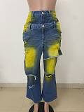 Cut Ripped Loose Stretch Denim Patchwork Pants RS-2568