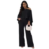 Fashionable Stretch Pleated Batwing Sleeve One-piece Pocket Wide-leg Pants Suit ASL-6812