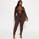 Autumn/Winter Fold-down Collar Long-sleeved U-shaped Long Top and Cropped Pants Set XYWL-25ST425