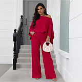Fashionable Stretch Pleated Batwing Sleeve One-piece Pocket Wide-leg Pants Suit ASL-6812