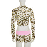 Sexy Leopard Print Letter Print Cropped Long-sleeved Shorts Two-piece Set MRA-45786