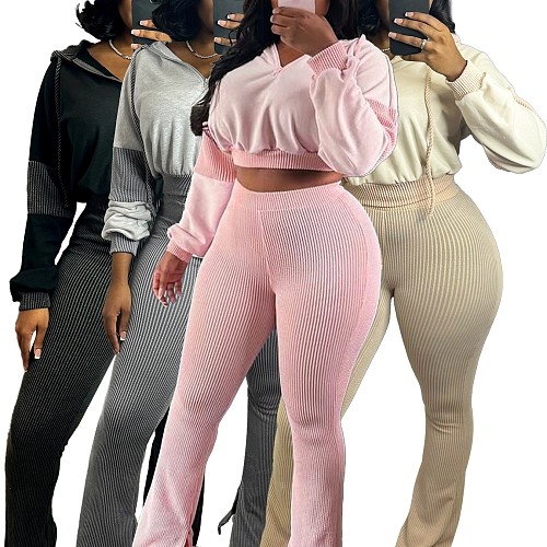 Women Twist Hoodie Splicing Bell Bottoms Two-piece Set CH-25016