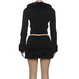Sexy V-neck Frayed Long-sleeved Cropped Top and Bodycon Mini Skirt Set SXE-82903