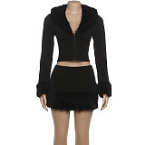 Sexy V-neck Frayed Long-sleeved Cropped Top and Bodycon Mini Skirt Set SXE-82903