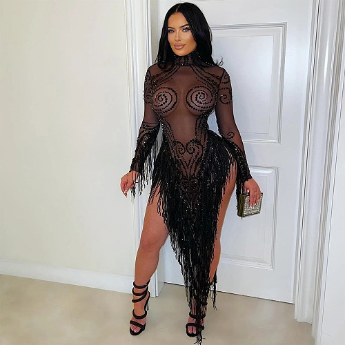 Fashionable Round Neck Polyester Mesh Sequined Tassel See-through Rhinestone Dress CYA-902191