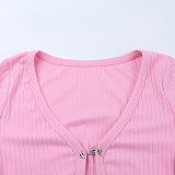 2025 Sexy Deep V-neck Long-sleeved Ostrich Feather Pink Cardigan Top SUM-25435