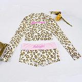 Sexy Leopard Print Letter Print Cropped Long-sleeved Shorts Two-piece Set MRA-45786