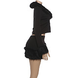 Sexy V-neck Frayed Long-sleeved Cropped Top and Bodycon Mini Skirt Set SXE-82903