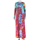 Stylish Round Neck Pleated Printed Patchwork A-line Dress JY-303717