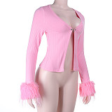 2025 Sexy Deep V-neck Long-sleeved Ostrich Feather Pink Cardigan Top SUM-25435