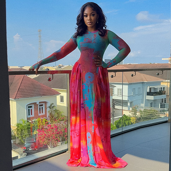 Stylish Round Neck Pleated Printed Patchwork A-line Dress JY-303717