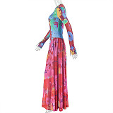 Stylish Round Neck Pleated Printed Patchwork A-line Dress JY-303717