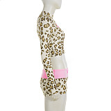 Sexy Leopard Print Letter Print Cropped Long-sleeved Shorts Two-piece Set MRA-45786