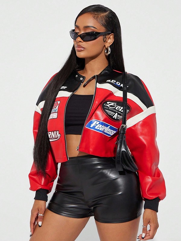 Stylish Color-blocked Slim-fit Stand-up Collar Hip-hop Motorcycle Jacket Top XS-1586