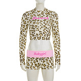 Sexy Leopard Print Letter Print Cropped Long-sleeved Shorts Two-piece Set MRA-45786