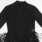 Fashionable Round Neck Polyester Mesh Sequined Tassel See-through Rhinestone Dress CYA-902191