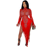 Fashionable Round Neck Polyester Mesh Sequined Tassel See-through Rhinestone Dress CYA-902191