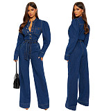 2025 Fashionable Slim-Fit Stretch Flared Leg Washed Denim Long-Sleeved Jumpsuit JLX-3589