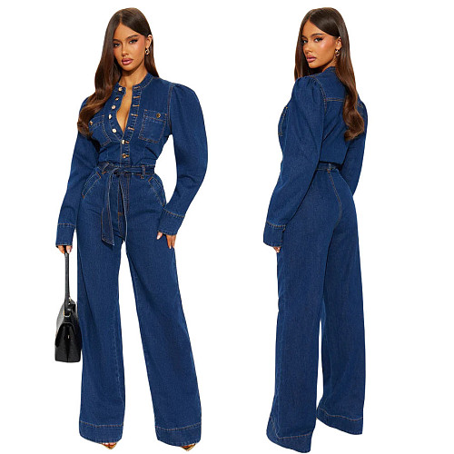 2025 Fashionable Slim-Fit Stretch Flared Leg Washed Denim Long-Sleeved Jumpsuit JLX-3589