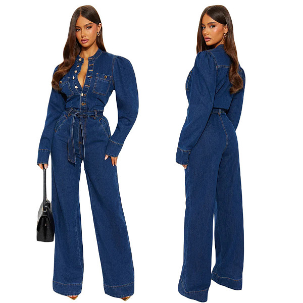 2025 Fashionable Slim-Fit Stretch Flared Leg Washed Denim Long-Sleeved Jumpsuit JLX-3589