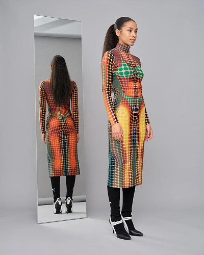 2025 Fashionable Retro Color-Blocked Patchwork High-Neck Slim-Fit Long Dress XS-1662