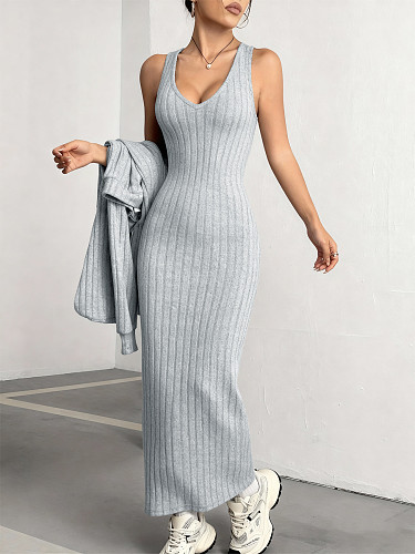 2025 Casual Solid Color Vest Dress and Top Two-Piece Set YH-9028