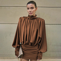 Solid Color High-neck Elegant Pleated Long-sleeved Bodycon Mini Dress SXE-84820