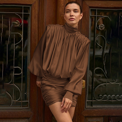 Solid Color High-neck Elegant Pleated Long-sleeved Bodycon Mini Dress SXE-84820
