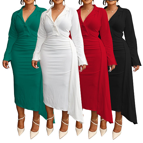 Sexy V-neck Suit-style Dress With Patchwork and Irregular Pleats NNWY-8136