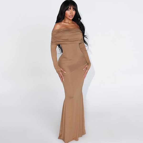 Sexy Solid Color Slim Fit Off-shoulder Elegant Fishtail Dress SXE-87970