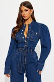 2025 Fashionable Slim-Fit Stretch Flared Leg Washed Denim Long-Sleeved Jumpsuit JLX-3589