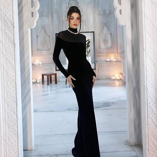 New High-neck Long-sleeved Elegant and Slim-fitting Solid Color Dress SXE-86424