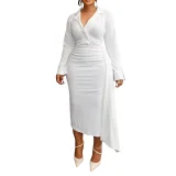 Sexy V-neck Suit-style Dress With Patchwork and Irregular Pleats NNWY-8136