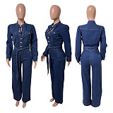 2025 Fashionable Slim-Fit Stretch Flared Leg Washed Denim Long-Sleeved Jumpsuit JLX-3589