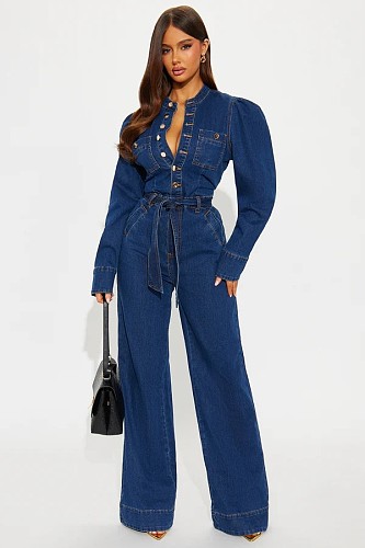2025 Fashionable Slim-Fit Stretch Flared Leg Washed Denim Long-Sleeved Jumpsuit JLX-3589